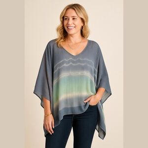 One World Blue Ombre Sheer Poncho Top XXL Boho Layered Tunic